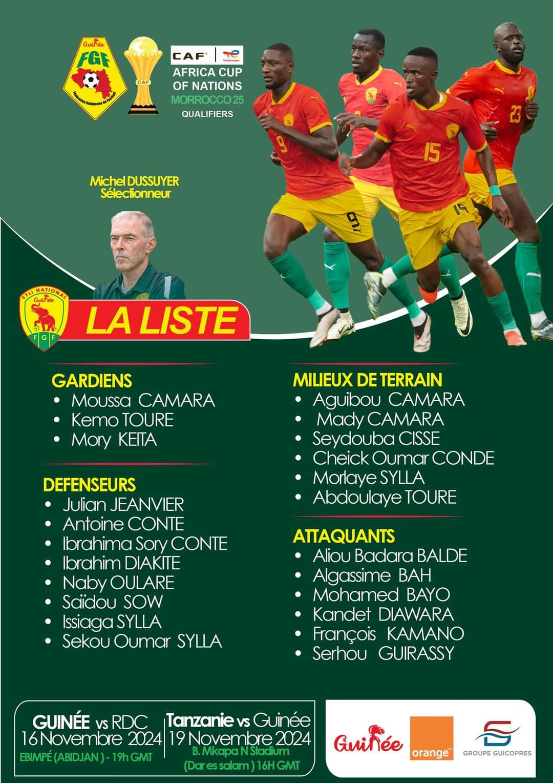 Éliminatoires Can 2025 voici la liste des 23 joueurs du syli