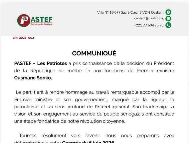 Après le limogeage du Premier ministre Ousmane SONKO, Pastef s’est exprimé