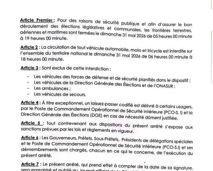 Guunée/éléctions: tout véhicule automobile, moto et tricycle sur l’ensemble du territoire national le dimanche 31 mai 2026 de 06 heures 00 minute à 18 heures 00 minut