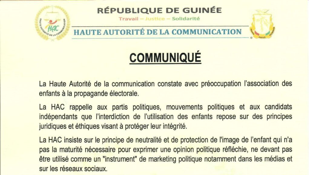 Guinée : la HAC met en garde contre l’utilisation des enfants dans la propagande électorale