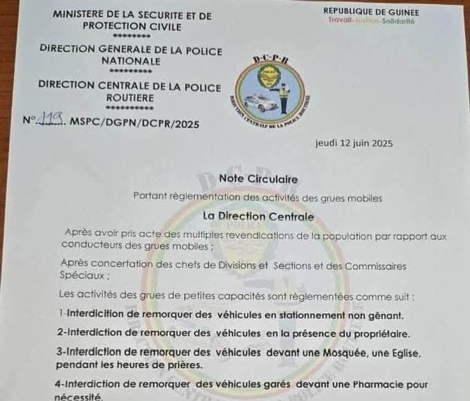 Guinée : la Police routière encadre davantage les activités des grues mobiles