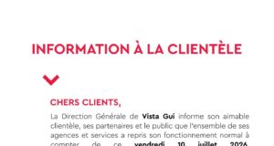La direction générale de la Vistagui informe de la r𝐞𝐩𝐫𝐢𝐬𝐞 𝐧𝐨𝐫𝐦𝐚𝐥𝐞 𝐝𝐞𝐬 𝐚𝐜𝐭𝐢𝐯𝐢𝐭és 𝐝e la banque, ce vendredi 10 juillet