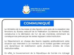 Le Ministère de la Jeunesse et des Sports prend acte de la cessation des fonctions du Bureau Exécutif de la Féguifoot