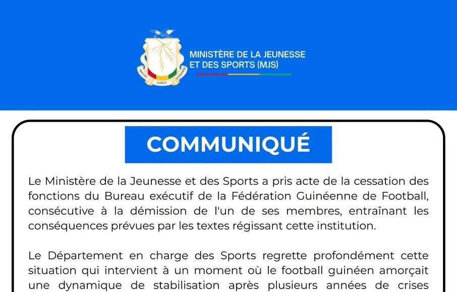 Le Ministère de la Jeunesse et des Sports prend acte de la cessation des fonctions du Bureau Exécutif de la Féguifoot