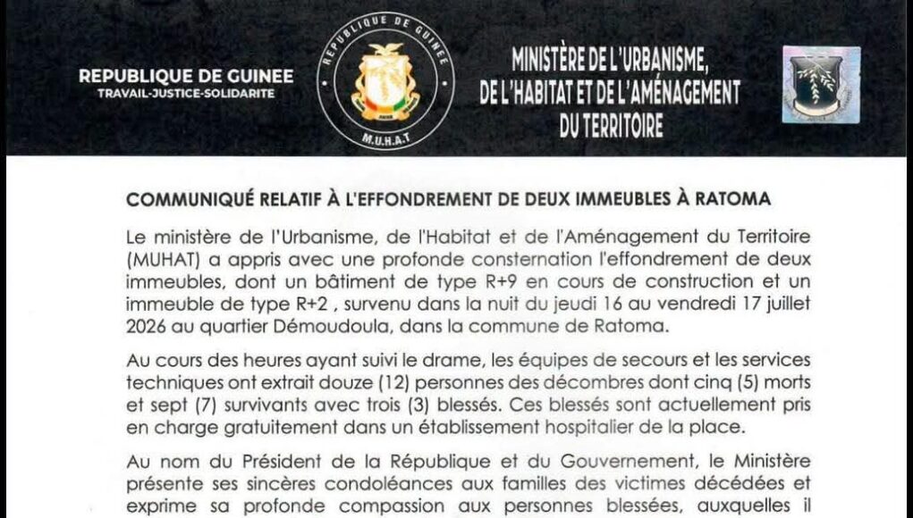 Ratoma/Conakry: l’effondrement d’un immeuble de 9 étages fait 5 victimes à Démodoula ! (ministère de l’Habitat)