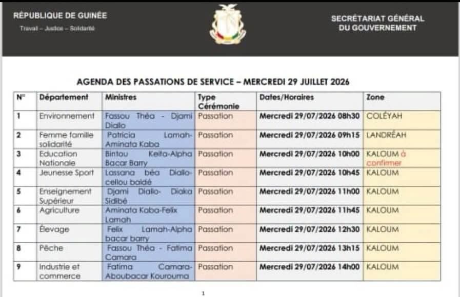 Guinée: voici le programme de passation de services des ministres, ce mercredi 27 juillet