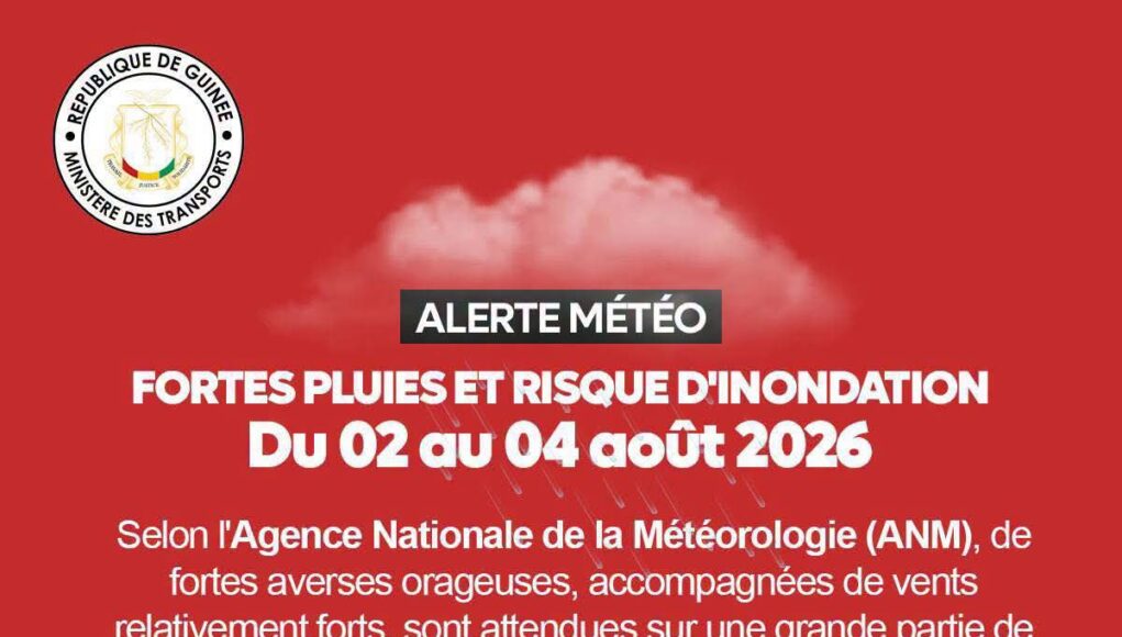 Guinée : forte alerte météo avec des risques d’inondation du 2 au 4 août 2026