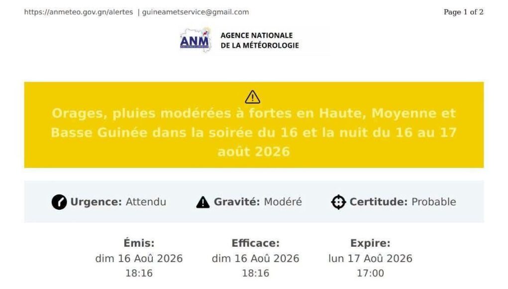 Guinée: l’Agence Nationale de la Météorologie (ANM) annonce des orages accompagnés de pluies dans plusieurs endroits, du 16 au 17 août