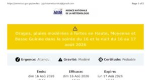 Guinée: l’Agence Nationale de la Météorologie (ANM) annonce des orages accompagnés de pluies dans plusieurs endroits, du 16 au 17 août