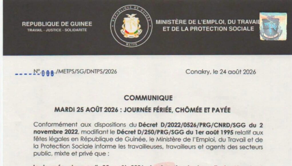 Le mardi 25 août déclaré férié, chômé et payé en Guinée