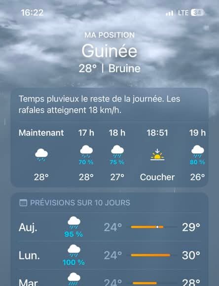 Conakry: La pluie devrait se poursuivre lundi et mardi, avec un risque de précipitations évalué à 100% !