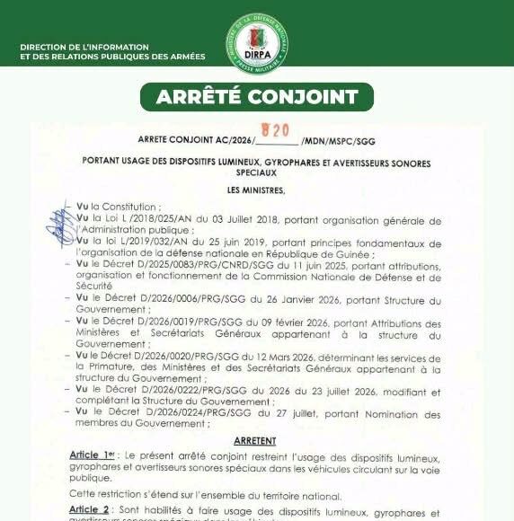 Guinée : l’usage des gyrophares et sirènes désormais encadré par un arrêté conjoint