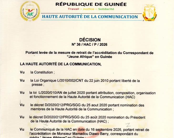 Guinée : la HAC rétablit l’accréditation du correspondant de Jeune Afrique