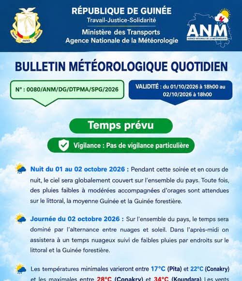 Pluies et orages attendus dans plusieurs régions de Guinée demain vendredi 2 octobre (ANM)