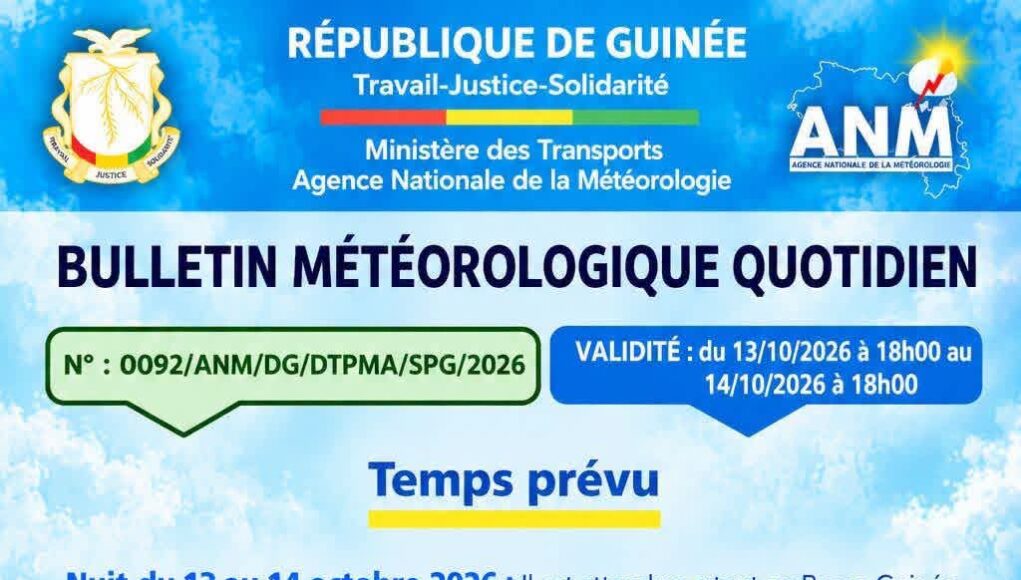 Guinée : des pluies orageuses attendues dans certaines régions, un temps globalement ensoleillé ce mercredi 14 octobre
