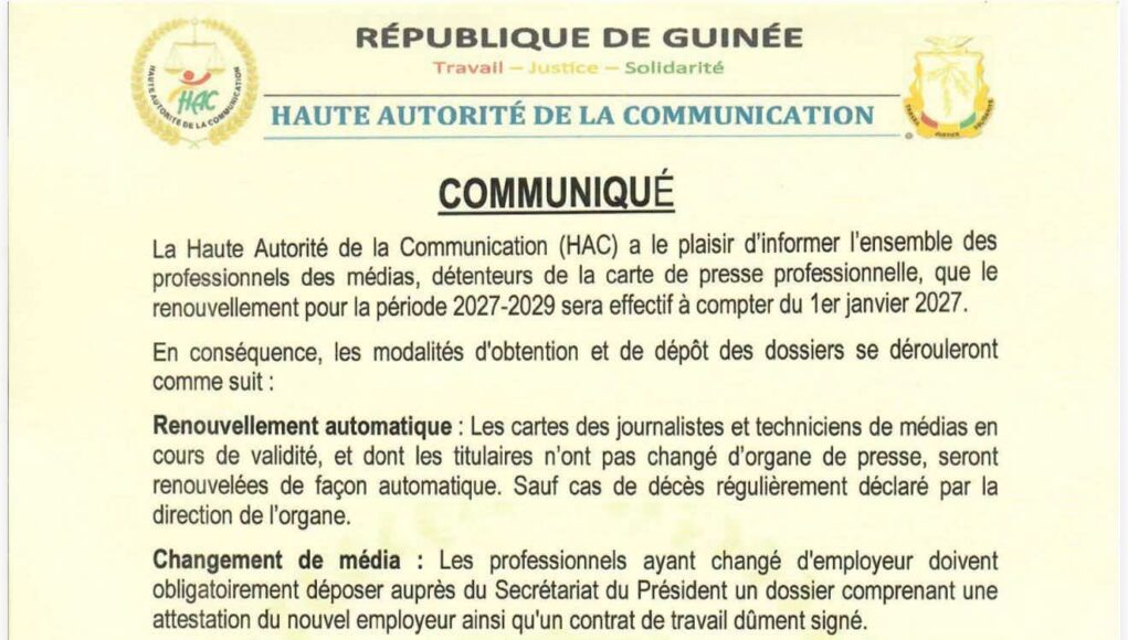 Guinée : la HAC lance le renouvellement des cartes de presse pour la période 2027-2029