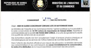 Guinée : le ministère du Commerce met en garde contre certains lots de mayonnaise BAMA !